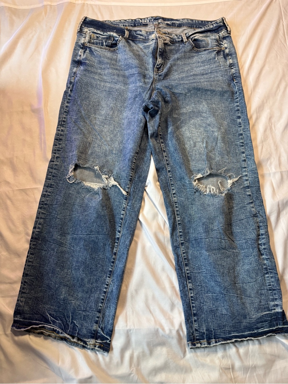 torrid Blue Distressed Flare Jeans with Knee Rips